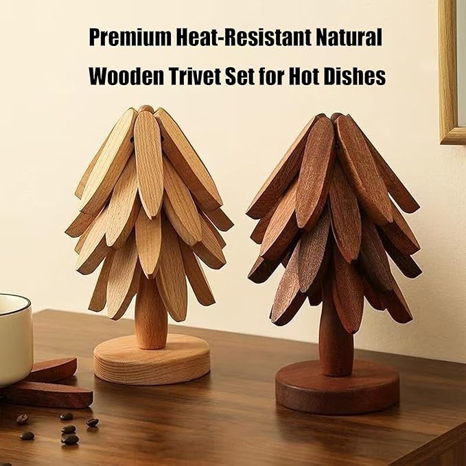 Natural Wood Tree Trivet Set, 𝐍atural Tree Trivet Set - 4 Wooden Trivets,4 Wooden 𝐓rivets & 1 Stand Like a Christmas Trees,for Hot Dish,Pot,Bowl,Teapot,Hot Pot Sets (Natural Wood 5 Trivets,1set)