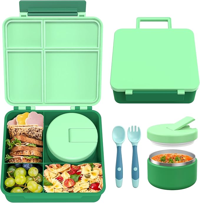 Bento Lunch Box with 8oz Soup Thermo, Leak-Proof Lunch Containers with 4 Compartment, Thermo Hot Food Jar and Insulated Lunch Box for School Green