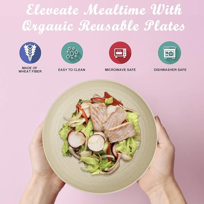 Wrova Wheat Straw Plates - 8 Inch Unbreakable Dinner Plates Set of 8 - Dishwasher & Microwave Safe Plastic Plates Reusable - Lightweight Small Plates for kitchen,R.V. (Beige)