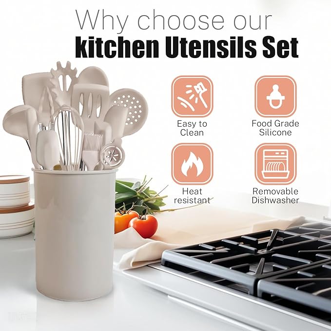 Silicone Kitchen Cooking Utensils Set with Stainless Steel Handle, Spatula Set Utensil Set, Cooking Utensil Set,Kitchen Tools Gadgets for Nonstick Cookware (35, Khaki)