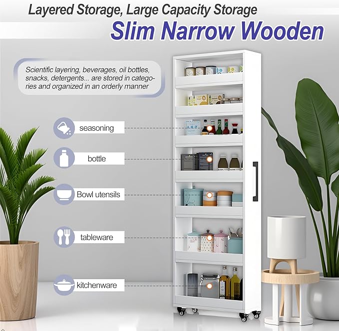 7-Tier Slim Storage Cart, Wooden Rolling Pantry Cabinet with Wheels, Narrow Shelf Organizer for Kitchen, Bakers Rack, Dining Room, Closet, Small Spaces Teak 73.2''H*9.8''W*19.6''D