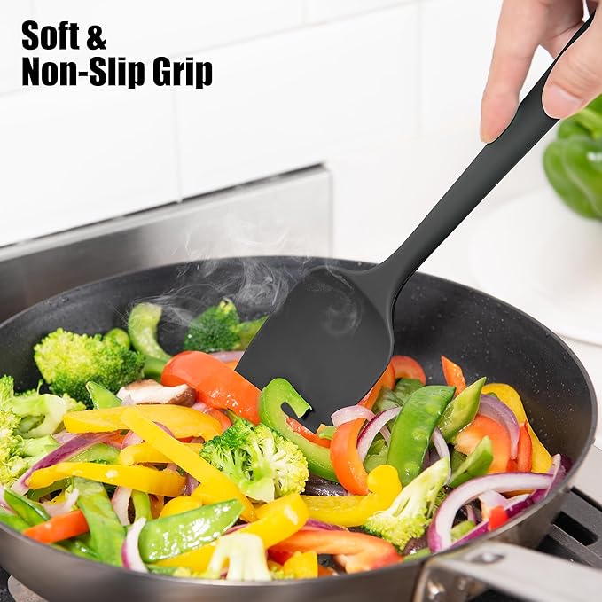 Heat Resistant Silicone Spoon Spatulas, Doosu 600°F High Temp Flexible Cooking Spoons Kitchen Spoonula Scratch-Proof for Mixing Stirring Scraping Serving Non-Stick Cookware (Set of 3, Black)