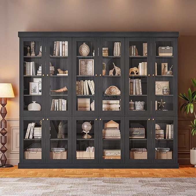 70.8" Bookshelf with Glass Doors, Farmhouse Modular Bookcase with 6-Tier Adjustable Shelves, Large Storage Cabinet for Living Room & Home Office, Set of 2, Black