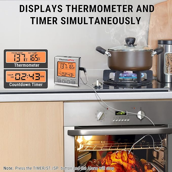 ThermoPro TP16S Digital Meat Thermometer for Cooking and Grilling, BBQ Food Thermometer with Backlight and Kitchen Timer, Grill Temperature Probe Thermometer for Smoker, Barbecue, Oven, Baking,Oil