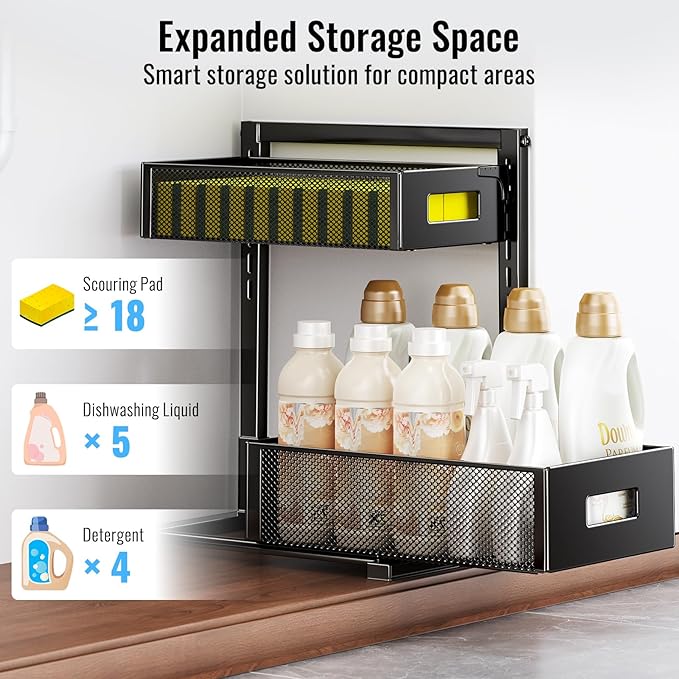 Under Sink Organizer, Silk-Smooth Metal Sliding Drawer Organizers and Storage Rack, Pull Out Cabinet Shelf for Kitchen, Bathroom, Pantry, Cabinet, Closet