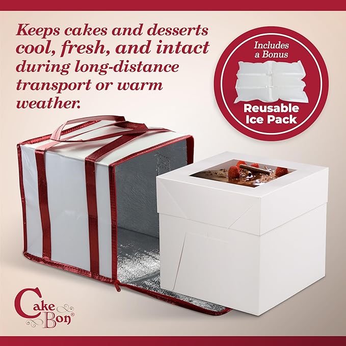 Cakebon Cake Box and Boards, 10-Inch Round Black Wrapped Edges 1/2- Inch Thick Drums with Insulated Bag and Ice Pack – Cake Transport Set, Cooler for Cake Delivery and Transport (1pc Each, 4pcs Total)