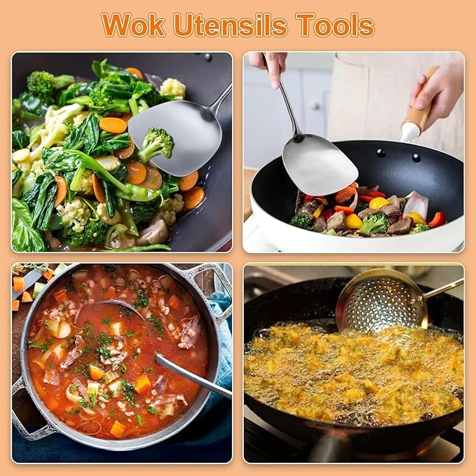 FJNATINH Wok Spatula Set of 4, Spatula Slotted Turner, Soup Ladle, Slotted Spoon for Cooking Utensils with Wooden Handle, Kitchen Stainless Steel Spatulas Cooking Spoons