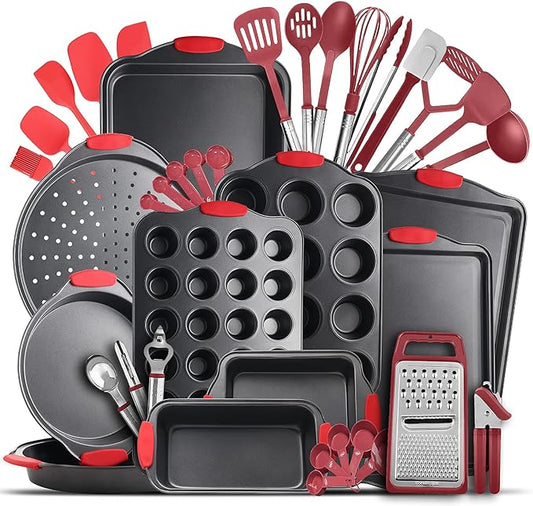 Eatex Nonstick Bakeware Sets with Baking Pans Set, 39 Piece Baking Set with Muffin Pan, Cake Pan & Cookie Sheets for Baking Nonstick Set, Steel Baking Sheets for Oven with Red Kitchen Utensils Set