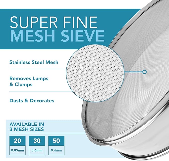 Stainless Steel Flour Sifter Fine Mesh Round Flour Sieve for Baking 16.5" Diameter x 2.88" High; 20 Mesh (Hole Size 0.85mm)