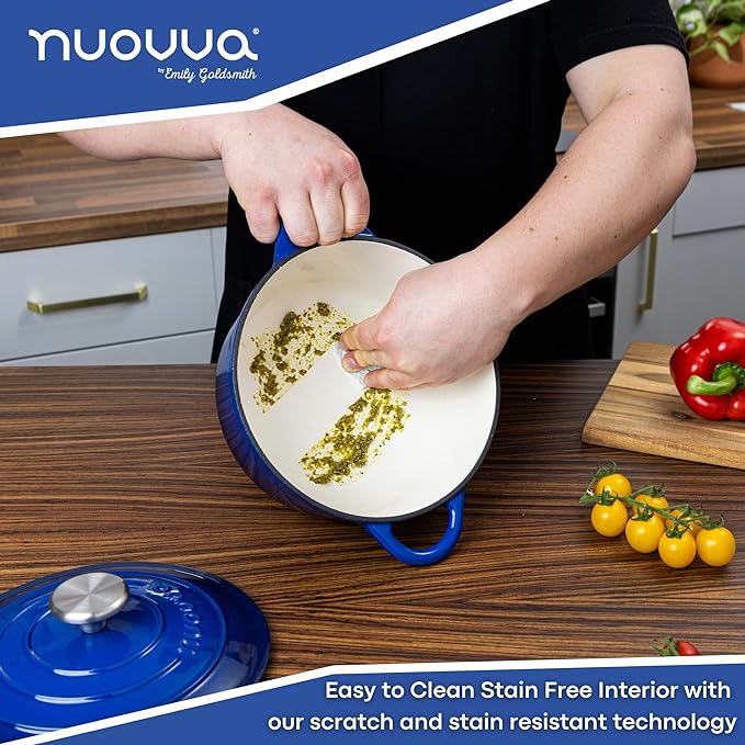 Cast Iron Pot with Lid – Non-Stick Ovenproof Enamelled Casserole Pot, Oven Safe up to 500° F – Sturdy Dutch Oven Cookware – Dark Blue, 5-Quart, 24cm – by Nuovva