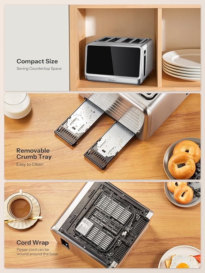 Yabano 4-Slice Toaster with Smart Touch Control, 6 Shade Levels & 6 Bread Settings, Extra Wide Slot for Bagels/English Muffins, Compact Design with Removable Crumb Tray