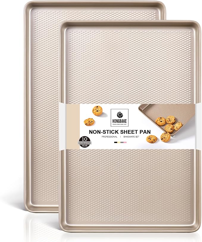 HONGBAKE 2 Pack Jelly Roll Pan 15x10, Commercial Cookie Sheets for Baking with Diamond Texture Surface, 57% Thicker Carbon Steel Baking Sheet for Oven, Nonstick Cooking Tray