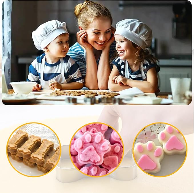 Silicone Molds Puppy Dog Paw & Bone Shaped 2 in 1 and Stainless Steel Cookie Cutter,for Homemade Treats Cat Animal Ice Candy Chocolate Baking Mold(Pink&Purple&Red)