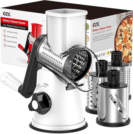 Cheese Grater Rotary, Rotary Grater for Kitchen, Kitchen Grater Vegetable Slicer with 3 Drum Blades, Fast Cutting Cheese Shredder for Vegetables and Nuts