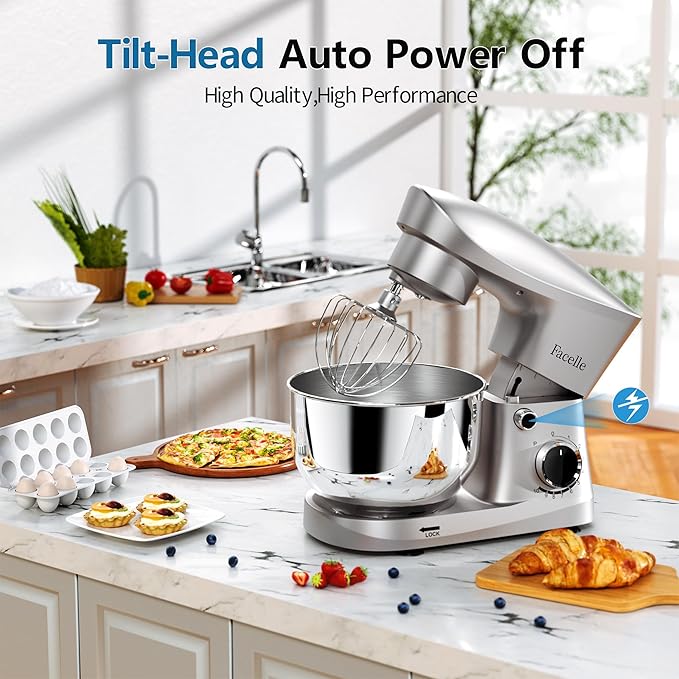 Facelle Stand Mixer, 10-Speed 6QT Kitchen Electric Mixer, Tilt-Head Food Mixer with Beater, Dough Hook, Wire Whip and Egg Separator, scraper for Most Home Cooks - Silver