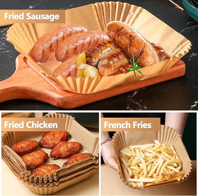 8.5 Inch Air Fryer Liners, 150PCS Non-Stick Air Fryer Paper Liners Disposable, Oil-Proof & High-Temperature Resistant Square Baking Paper for Air Fryer, Microwave, Oven（Bottom Is 7 Inch）