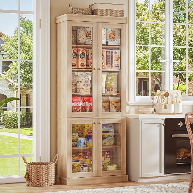 70.8" Tall Farmhouse Bookshelf with Glass Doors, Modular Bookcase with 6-Tier Adjustable Shelves, Large Storage Cabinet for Kitchen, Living Room, Brown, Set of 3