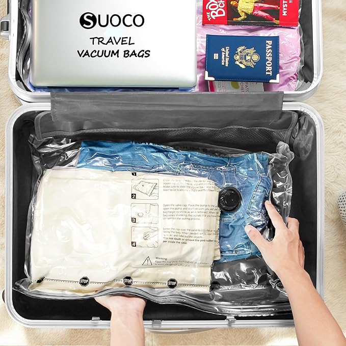 SUOCO Travel Vacuum Seal Bags for Clothing with Rechargeable Electric Pump, 8 Large Compression Packing Bags for Luggage Suitcase Backpack, Carry-on Size Space Saver Storage