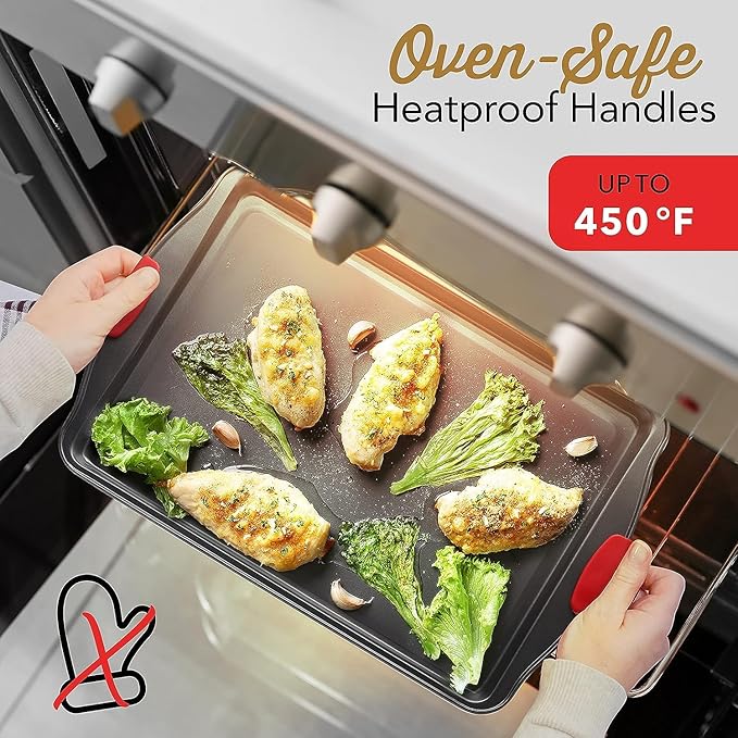Baking Sheet Set, 2-Piece Large Cookie Sheet Set with Silicone Handles, Steel Baking Pan, Baking Sheets for Oven, BPA Free Nonstick Set, Half Sheet Pans, Black Baking Tray