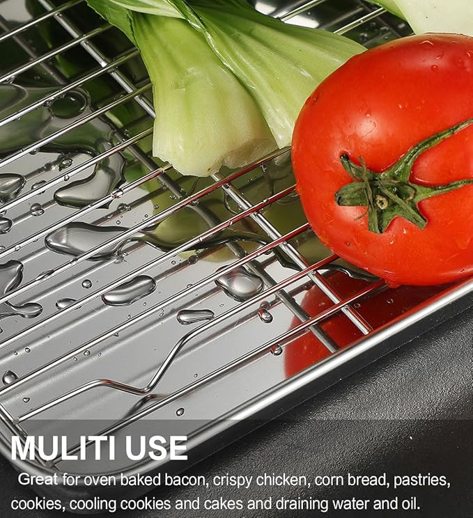 MCIRCO 6 Piece Stainless Steel Baking Sheet with Rack with Silicone Baking Mat Set (2 Pans + 2 Racks + 2 Mats), 12.4 x 9.6 x 1 Inch Cookie Sheet with Cooling Rack, Easy Clean