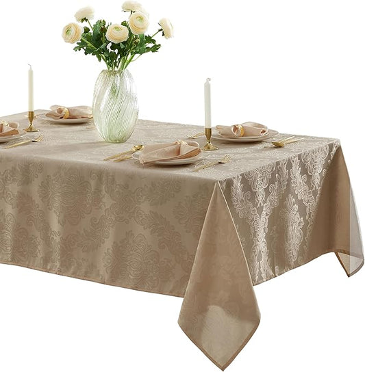 Newbridge Barcelona Luxury Damask Fabric Tablecloth, 70” Extra Wide x 108” Rectangle, Golden Beige, 100% Polyester, No Iron, Soil Resistant Dining Room, Party and Banquet Table Cover