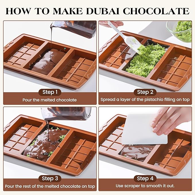 4 Pcs Chocolate Bar Mold Deep Dubai 0.85 Inch Stuffed Chocolate Molds Silicone Large Break Apart Silicone Molds (10 Snap + Pyramid)