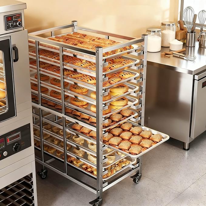Bun Pan Rack, Commercial Bakery Sheet Rack with Brake Wheels, 15-Tier Stainless Steel Baking Tray Food cart ，for Bakeries Restaurant & Catering（Trays Not Included） ﻿ (15 Tier)