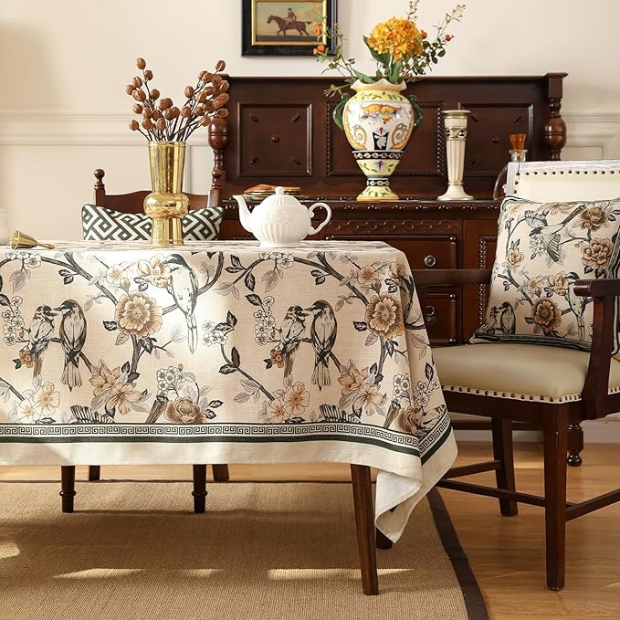 ISAENNE Designer Vintage Linen Extra Long Tablecloth Rectangle,Floral and Bird Pattern Elegant Table Cloth,Fall Wrinkle Resistant Decor Tablecloths for Dining Kitchen Christmas,63"*110"-Murad A