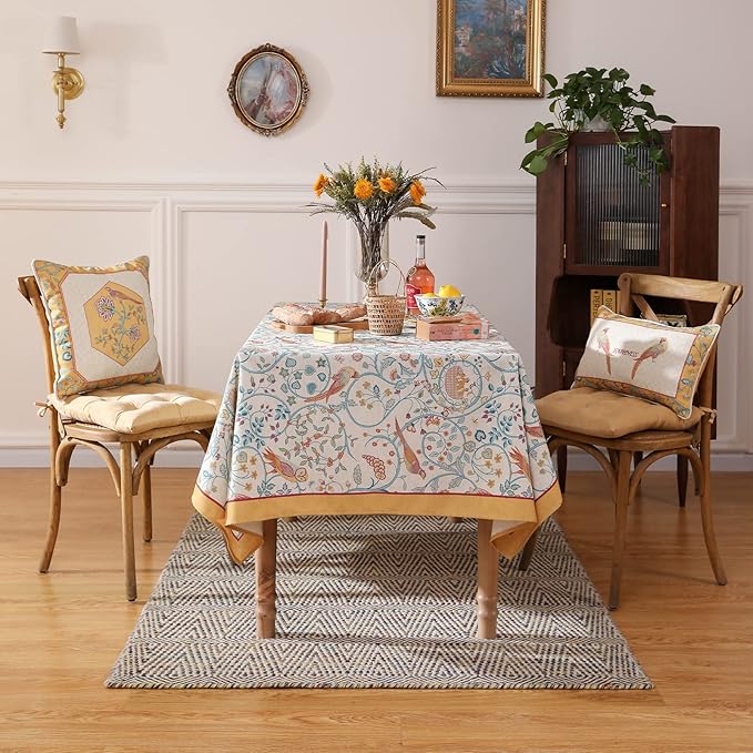 patdrea Designer Vintage French Rectangular Tablecloth,Floral Birds Pattern Linen Table Cloth,Fall Yellow Decor Table Cover for Kitchen Dining Banquet,Christmas,Thanksgiving,55"x79"-Magnolia