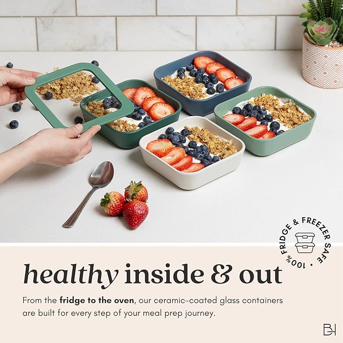 Ceramic Coated Glass Food Storage Container | No PTFE, PFOA, PFAS, and BPA | Reusable Non Toxic Meal Prep Container with Glass Lid | Easy To Store | 6 Cup Rectangle [Willow]