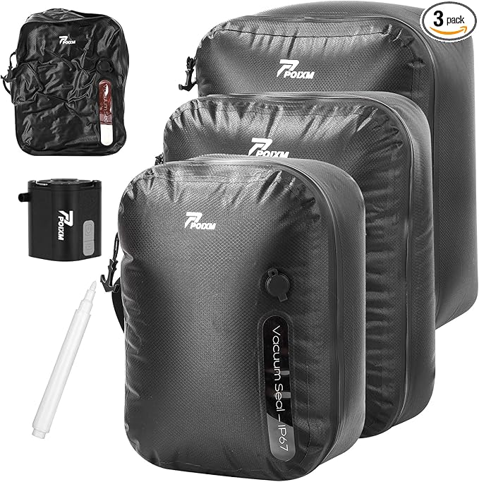 Vacuum Bags for Travel with Wireless Pump, 180° Open Zipper, IP67 Waterproof, Reusable Space Saver Compression Bags for Backpack, Suitcase, Home Storage(3 Pack + Pump)