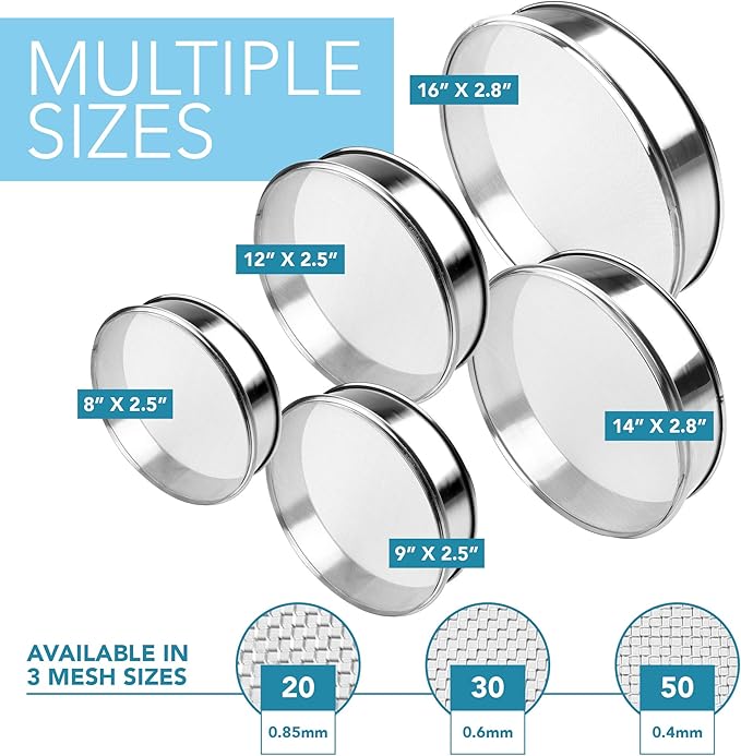 Stainless Steel Flour Sifter Fine Mesh Round Flour Sieve for Baking 12" Diameter x 2.5" High; 50 Mesh (Hole Size 0.3mm)