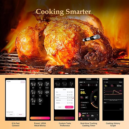 800FT Smart Wireless Meat Thermometer with Digital Meat Probe, Bluetooth Meat Thermometer with App Host Control for Barbecue, Outdoor Grilling, Oven & Smoker (Two*Probe-01)