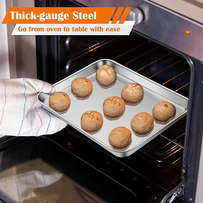 E-far Small Baking Sheet Set of 4, 10.5”x8.3” Stainless Steel Cookie Sheets Pans, Compact Non-toxic Metal Toaster Oven Trays for Cake, Healthy & Rust Free, Mirror Finish & Dishwasher Safe