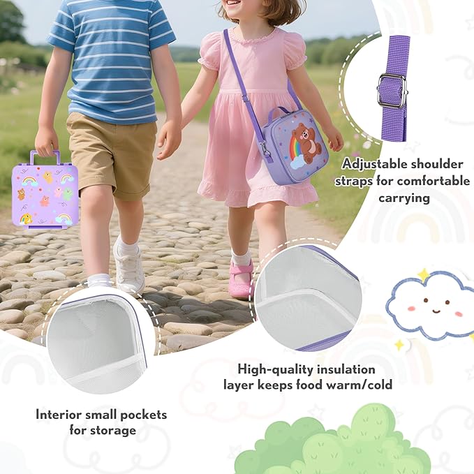 Lunch Box Kids with 5 Compartments, Insulated Food Jar & Utensil & Sauce Container & Lunch Bag & Silicone Collapsible Cup, Leak Proof Bento Box, BPA-Free & Dishwasher Safe-Purple
