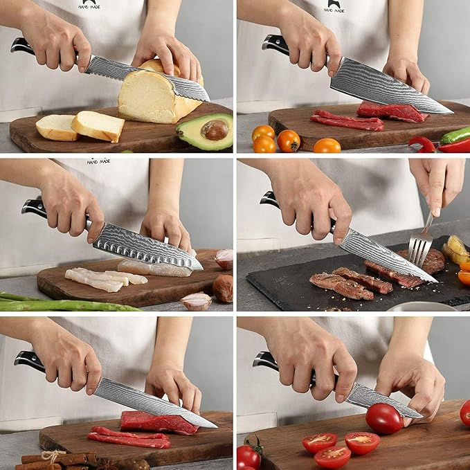 16-Piece Damascus Knife Set with Block - VG10 67-Layer Steel, Razor Sharp, Triple-Rivet Handles, 6 Steak Knives, Meat Fork, Sharpener & Scissors, Natural Wood