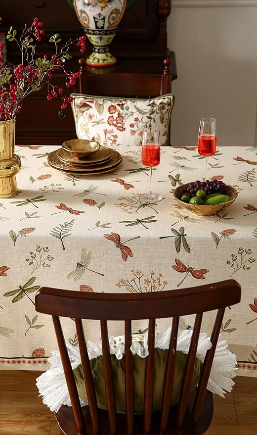 ISAENNE Designer Floral Linen Long Tablecloth Rectangle,French Off White Elegant Table Cloth,Washable Home Decor Tablecloths for Dining Thanksgiving Kitchen Christmas Party,63"*102"-Grace B