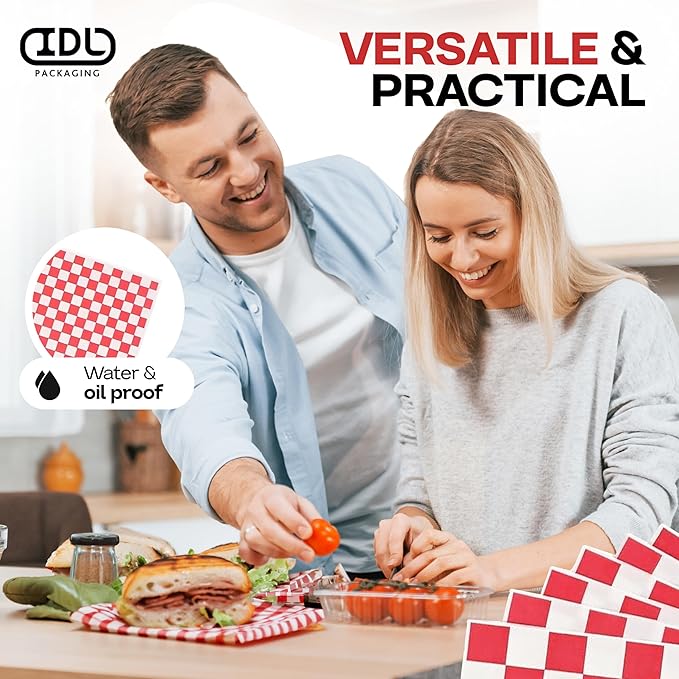 Red Checkered Deli Paper Sheets, 12" x 12" (100 pcs) - USA-Made Premium Food Basket Liners - PFAS-free Grease Resistant Deli Paper Sheets for Food, Snack & Baking Wrap, Picnic & Party by IDL Packaging
