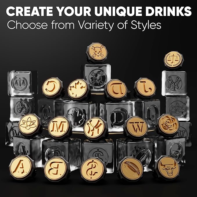 Berlinzo Ice Stamp Ring for Cube & Sphere - Custom Ice Cubes for Whiskey, Mojito Cocktails – W Letter Shaped Brass Ice Stamp w/ 3mm Depth - Black