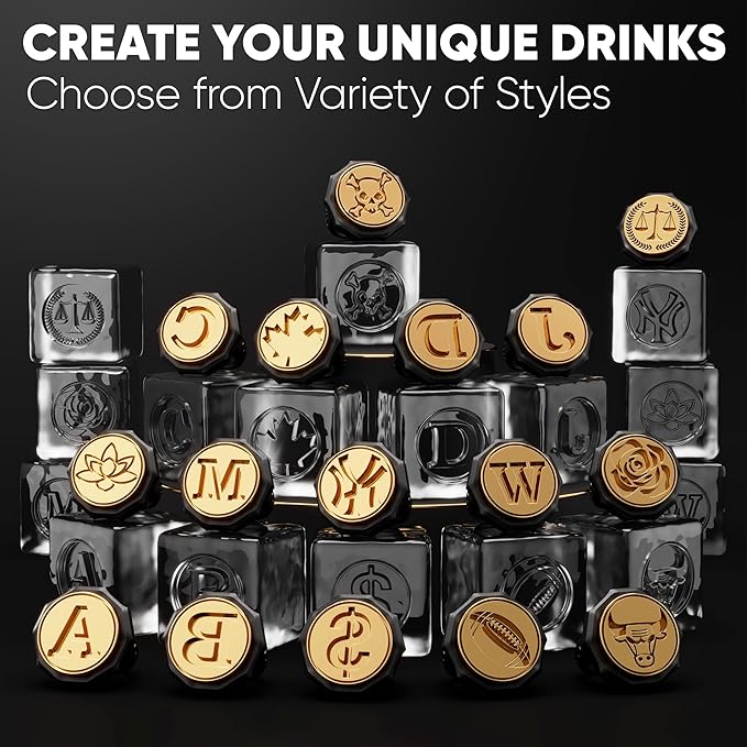 Berlinzo Ice Stamp Ring for Cube & Sphere - Custom Ice Cubes for Whiskey, Mojito Cocktails – D Letter Shaped Brass Ice Stamp d/ 3mm Depth - Black