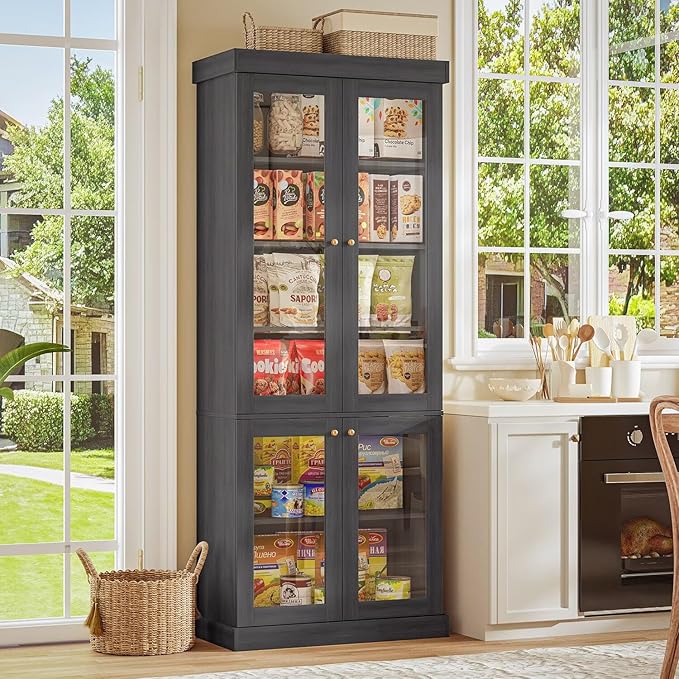 70.8" Tall Black Bookshelf with Glass Doors, Farmhouse Modular Bookcase with 6-Tier Adjustable Shelves, Large Storage Cabinet for Home Office, Living Room, Set of 4