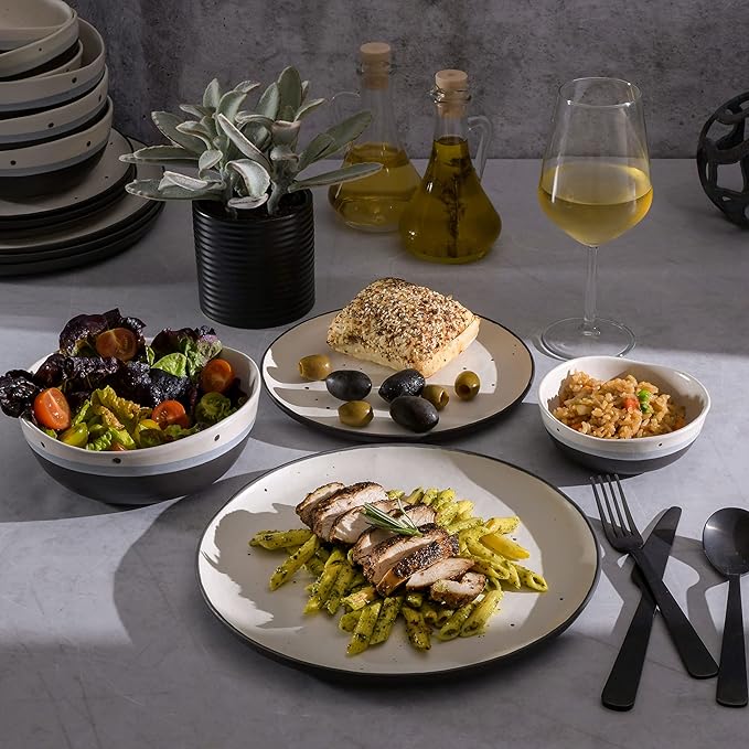 Gibson Elite Rhinebeck 16-Piece Double Bowl Dinnerware Set, Service for 4 – White and Black Stoneware Plates and Bowls