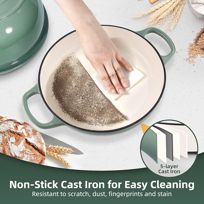 Davivy 5.5QT Sourdough Dutch Oven with Lid, 10" Round Cast Iron Bread Pan with Lid, Enameled Bread Baking Cloche, Dutch Oven for Sourdough Bread Baking, with Silicone Oven Mitts - Sea Salt Green