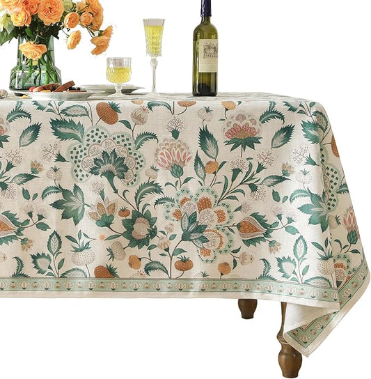 patdrea Designer Green Extra Long Rectangle Table Cloth,Italian Floral Country Linen Breathable Tablecloth,Decor Cover for Kitchen Dining,Christmas,Tea Party,Thanksgiving,63"x110"-Tree Life