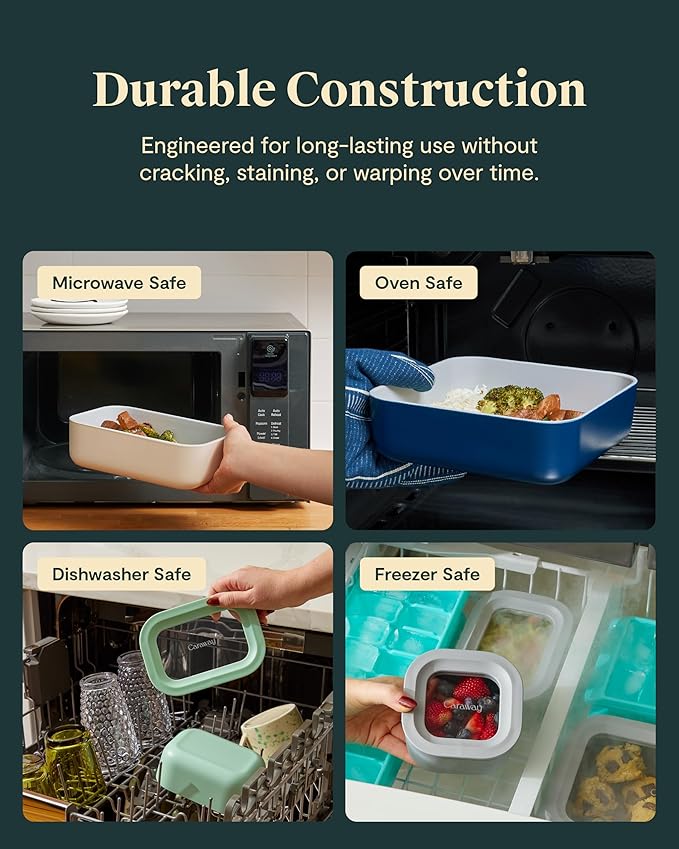 Caraway Glass Food Storage - 10 Cup Glass Container - Ceramic Coated Food Container - Non Stick Lunch Box with Lids - Dishwasher, Oven, & Microwave Safe - Square Shape - Navy