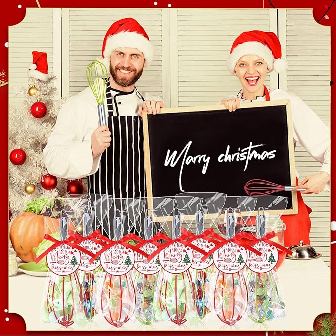 36 Sets 10 Inch Christmas Whisks Gifts DIY Fillable Christmas Tree Ornaments Xmas Colored Silicone Whisks for Cooking Heat Resistant Egg Beaters with Card Rope Bag for Candy Holder