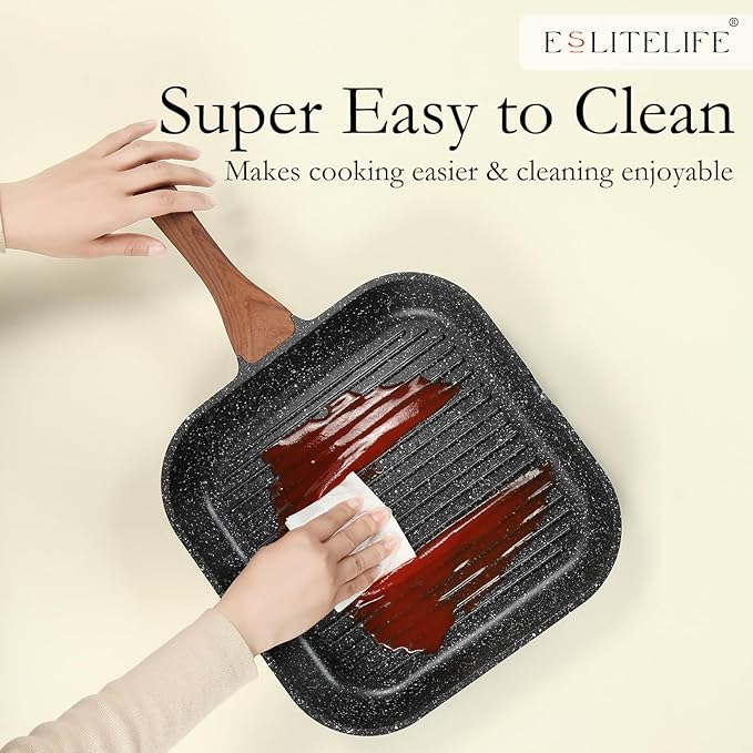 ESLITE LIFE 9.5 Inch Nonstick Grill Pan for Indoor Cooking, Versatile Induction Square Large Grilling Skillet Steak Pan for Stove Tops, PTFE & PFOA Free, Black