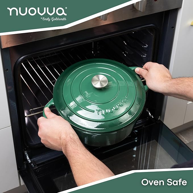 Cast Iron Dutch Oven with Lid – Non-Stick Ovenproof Enamelled Casserole Pot – Sturdy Dutch Oven Cookware – Dark Green, 7.3-Quart, 30cm – by Nuovva