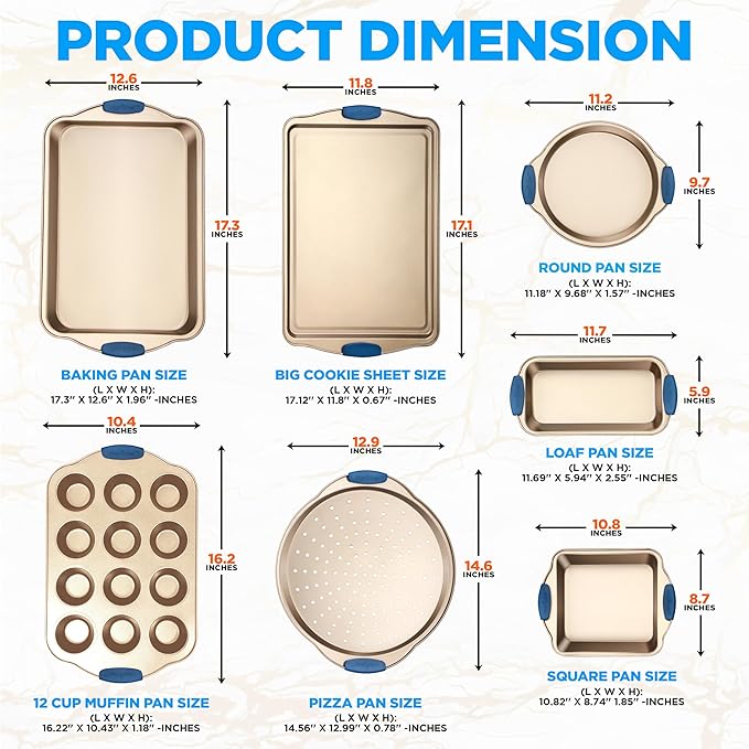 NutriChef 8-Piece Nonstick Bakeware Set - Heavy Duty Carbon Steel Baking Pans w/ Blue Silicone Handles - Pizza Crisper, Muffin & Loaf Pan, Round & Square Pans, Cookie Sheet - Champagne Gold