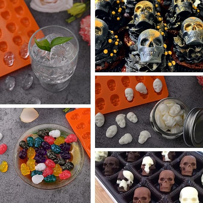 Sakolla Skull Candy Molds Silicone, 2 Pack 36 Cavity Non-Stick Halloween Gummy Molds for Chocolate, Candy, Jelly, Ice Cube, Dog Treats